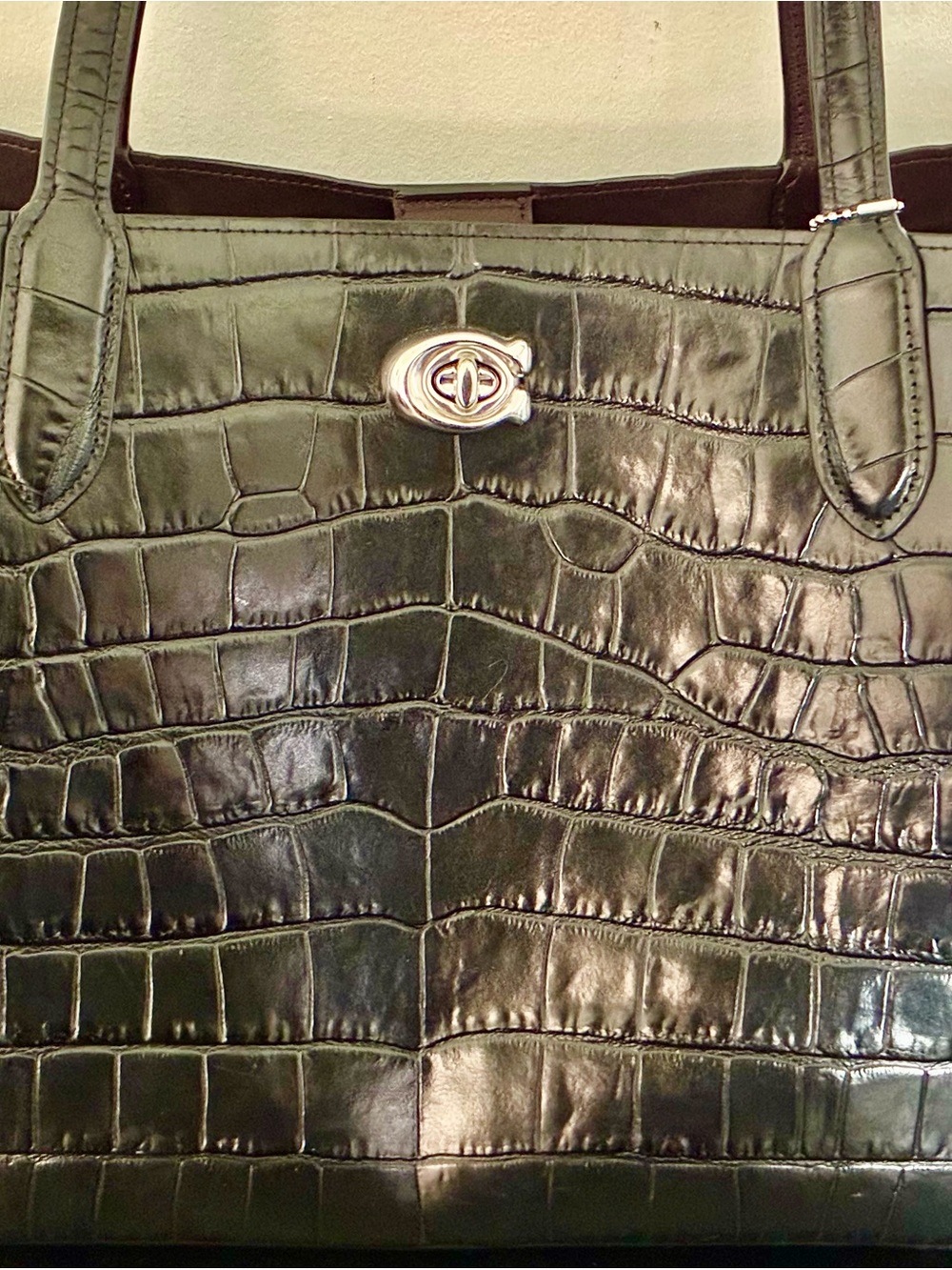 Coach Black Croc-Embossed Leather Maggie Tote with Silver Hardware - Picture 2 of 12